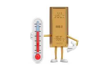 Poster - Golden Bar Cartoon Person Character Mascot with Outdoor Thermometer. 3d Rendering