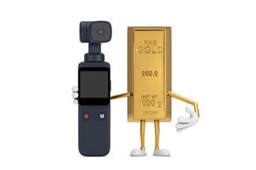 Aufkleber - Golden Bar Cartoon Person Character Mascot with Pocket Gimbal Action Camera. 3d Rendering