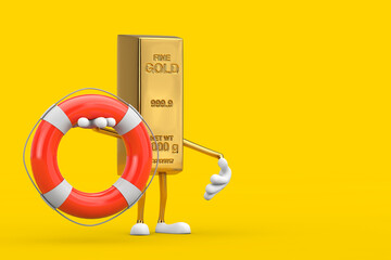 Fototapete - Golden Bar Cartoon Person Character Mascot with Life Buoy. 3d Rendering