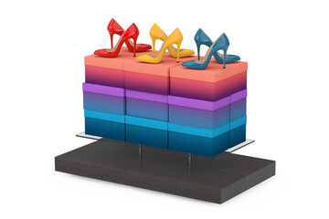 Aufkleber - Store Product Display Showcase Rack Shelves with Woman Shoe Boxes and High Heels Wooman Shooes. 3d Rendering