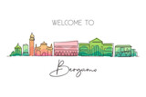 Fototapeta  - Single continuous line drawing Bergamo city skyline, Italy. Historical town landscape in world. Best holiday destination wall decor. Editable stroke trendy one line draw design vector illustration