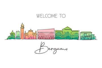 Poster - single continuous line drawing bergamo city skyline, italy. historical town landscape in world. best