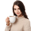 © TimeaPeter - Beautiful brunette woman wearing knitted beige sweater and holding a cup of tea. Isolated on transparent background.