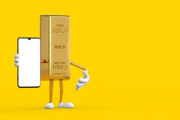 Fototapete - Golden Bar Cartoon Person Character Mascot and Modern Mobile Phone with Blank Screen for Your Design. 3d Rendering