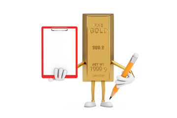 Fototapete - Golden Bar Cartoon Person Character Mascot with Red Plastic Clipboard, Paper and Pencil. 3d Rendering