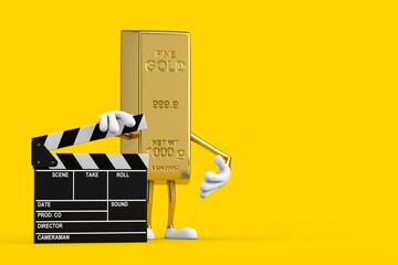 Poster - Golden Bar Cartoon Person Character Mascot with Movie Clapper Board. 3d Rendering