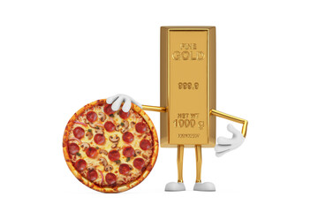 Poster - Golden Bar Cartoon Person Character Mascot with Tasty Pepperoni Pizza. 3d Rendering