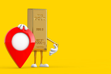 Poster - Golden Bar Cartoon Person Character Mascot with Red Target Map Pointer Pin. 3d Rendering