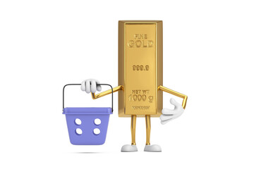 Wall Mural - Golden Bar Cartoon Person Character Mascot with Cartoon Shopping Basket. 3d Rendering