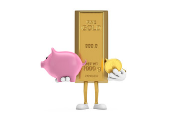 Fototapete - Golden Bar Cartoon Person Character Mascot with Piggy Bank and Golden Dollar Coin. 3d Rendering