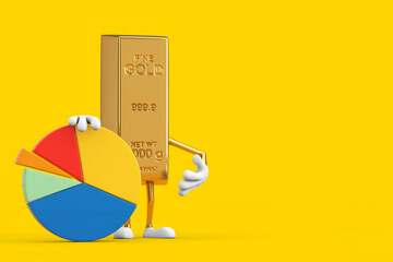 Poster - Golden Bar Cartoon Person Character Mascot with Info Graphics Business Pie Chart. 3d Rendering