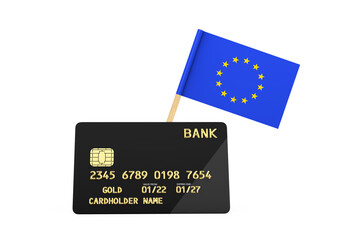 Poster - European Union Flag and Black Plastic Golden Credit Card with Chip. 3d Rendering