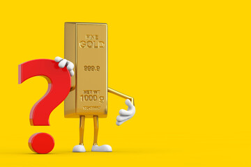 Poster - Golden Bar Cartoon Person Character Mascot with Red Question Mark Sign. 3d Rendering