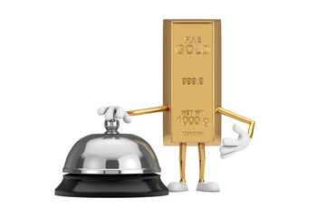 Poster - Golden Bar Cartoon Person Character Mascot with Hotel Service Bell Call. 3d Rendering