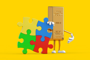 Poster - Golden Bar Cartoon Person Character Mascot with Four Pieces of Colorful Jigsaw Puzzle. 3d Rendering