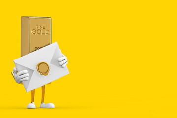 Poster - Golden Bar Cartoon Person Character Mascot with White Blank Envelope. 3d Rendering