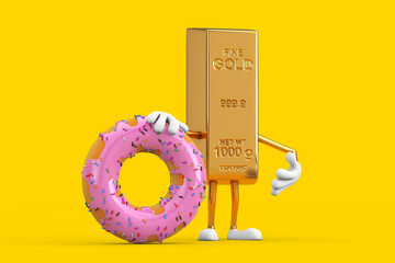 Poster - Golden Bar Cartoon Person Character Mascot with Big Strawberry Pink Glazed Donut. 3d Rendering