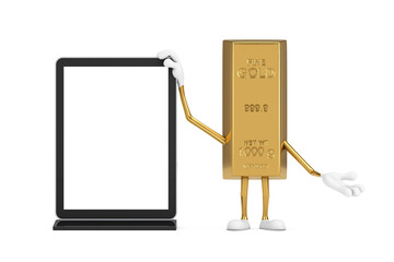 Poster - Golden Bar Cartoon Person Character Mascot with Blank Trade Show LCD Screen Display Stand as Template for Your Design. 3d Rendering