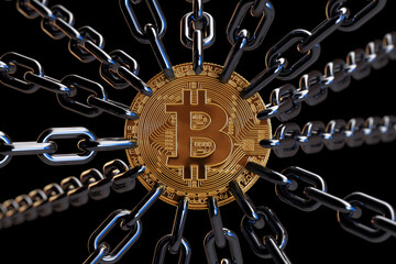 Poster - Block Chain Technology Concept. Golden Bitcoin Coin with Many Metal Chains. 3d Rendering