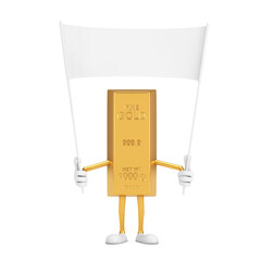 Aufkleber - Golden Bar Cartoon Person Character Mascot and Empty White Blank Banner with Free Space for Your Design. 3d Rendering