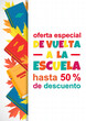 Vector vertical template Back to school Sale Spanish translation De vuelta a la escuela Oferta. Education banner with books, autumn leaves and funny colorful text. Social media story, sale flyer.