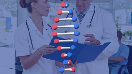 Poster - Animation of dna structure over diverse male and female doctors discussing over a report at hospital