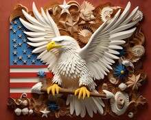 4th Of July, 3D, White And Brown Eagle, United States Flag Background, Layered Forms, Paper Quilling, Masterpiece, Trending On Artstation And Dribbble, Usa Flag,