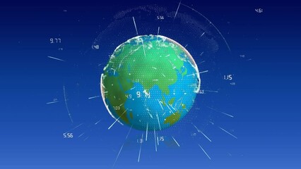 Poster - Animation of light trails over spinning globe against blue background