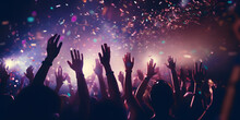 Party People Dancing In The Night Club. Raising Hands In The Air. Silhouette. Purple Confetti Explosion. Banner Background. 