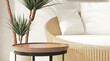 © Sue Tansirimas - Brown wood round pedestal side table podium, steel leg by rattan lounge armchair day bed, dracaena in sunlight on white cement wall. Luxury cosmetic, skincare, beauty, body care product background 3D
