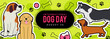 Happy International Dog day banner vector design. Cute cartoon dogs on paw pattern background
