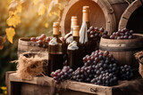 Fototapeta Dziecięca - Bottles and wineglasses with grapes and barrel in rural scene background. Traditional winemaking and wine tasting, generative AI