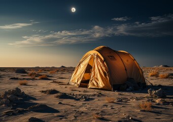 Poster - a white tent in a desert at night with a full moon