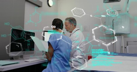 Poster - Animation of codes, molecule structure over caucasian doctors discussing medical reports in hospital