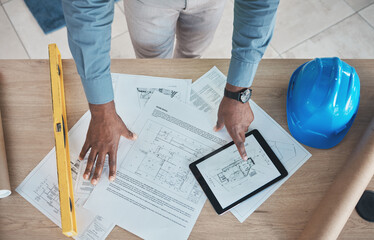 Poster - Engineering, person hands and blueprint planning, construction design or renovation on tablet above. Architecture paper, floor plan and project management sketch or drawing tools with digital screen
