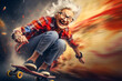 © Jaroslav Machacek - Wrinkled laughing modern dressed old woman with white hair rides skateboard at high speed