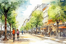 Full Color Cartoon Sketch Of Abstract City Center With Pedestrian Zone, People, Trees And Buildings