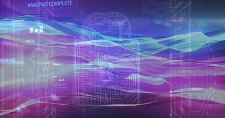 Poster - Animation of circuit board pattern in padlock over texts, graphs, computer language on wave pattern