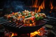 close-up of glowing campfire with shashlik cooking