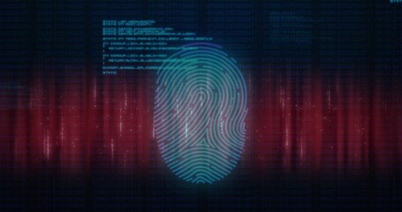 Poster - Animation of fingerprint and computer language over abstract pattern against black background