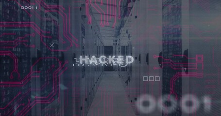 Poster - Animation of circuit board pattern around hacked text over binary codes on server room