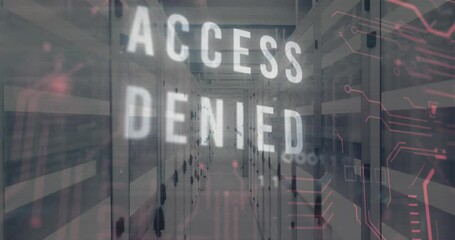 Poster - Animation of access denied text in circuit board pattern and binary codes over bars on server room