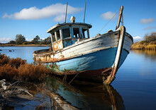 Old Rusty Timeworn Fishing Boat . Generative AI
