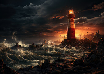 Wall Mural - old timeworn lighthouse at the sea . Generative AI