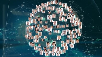 Poster - Animation of profile picture of diverse people on globe over connected dots against blue background