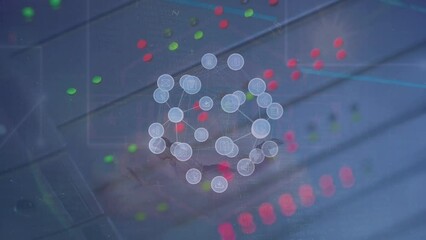 Poster - Animation of connected icons forming globe over multicolored lights on equipment