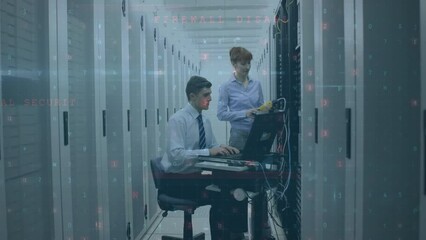 Poster - Animation of texts, letters, symbols, numbers, caucasian engineers checking servers in server room