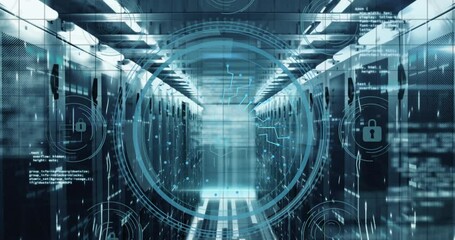 Poster - Animation of cyber security text, padlock in circle with icons over computer language on server room