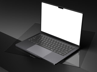Fototapete - Close up of empty white laptop display on  glass podium. Tech presentation and device concept. Mock up, 3D Rendering.