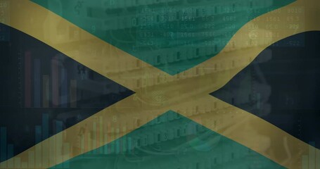 Poster - Animation of texts and graphs over flag of jamaica against ethernet cables connected to modem